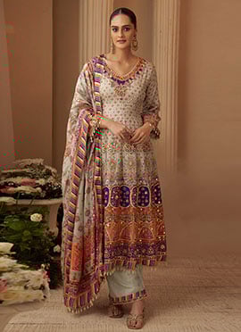 Light Grey Crepe Silk Sequins Gota Aari Printed Hand Embroidered Palazzo Suit