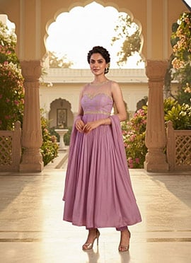 Light Lavender Mul Chanderi Zari Sequins Illusion Neck Anarkali Suit