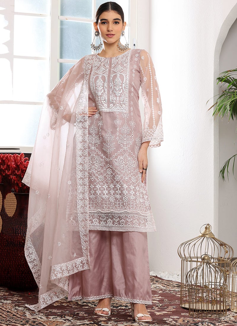 Light Lavender Organza Embroidered Pakistani Suit Party Wear