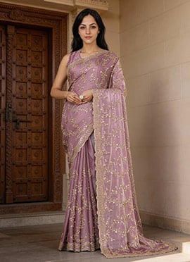 Light Lavender Organza Hand Embroidered Sequins Beads Work Saree