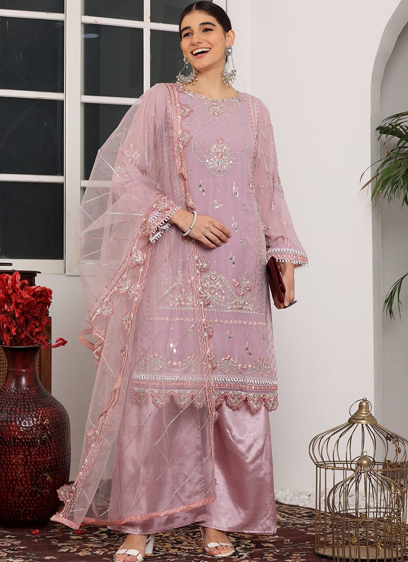 Light Mauve Faux Georgette Embroidered Pakistani Suit