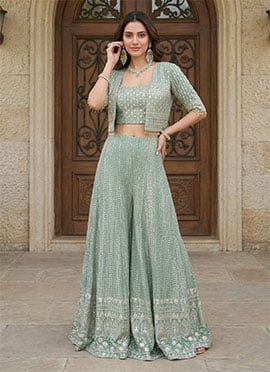 Light Mint Green Georgette Zari Hand Embroidered Indowestern Crop Top And Jacket Palazzo Set