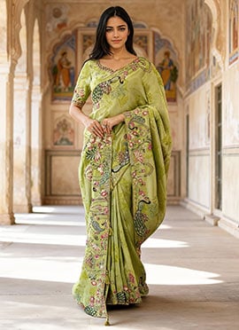Light Parrot Green Viscose Jacquard Silk Zari And Sequins Embroidered Saree