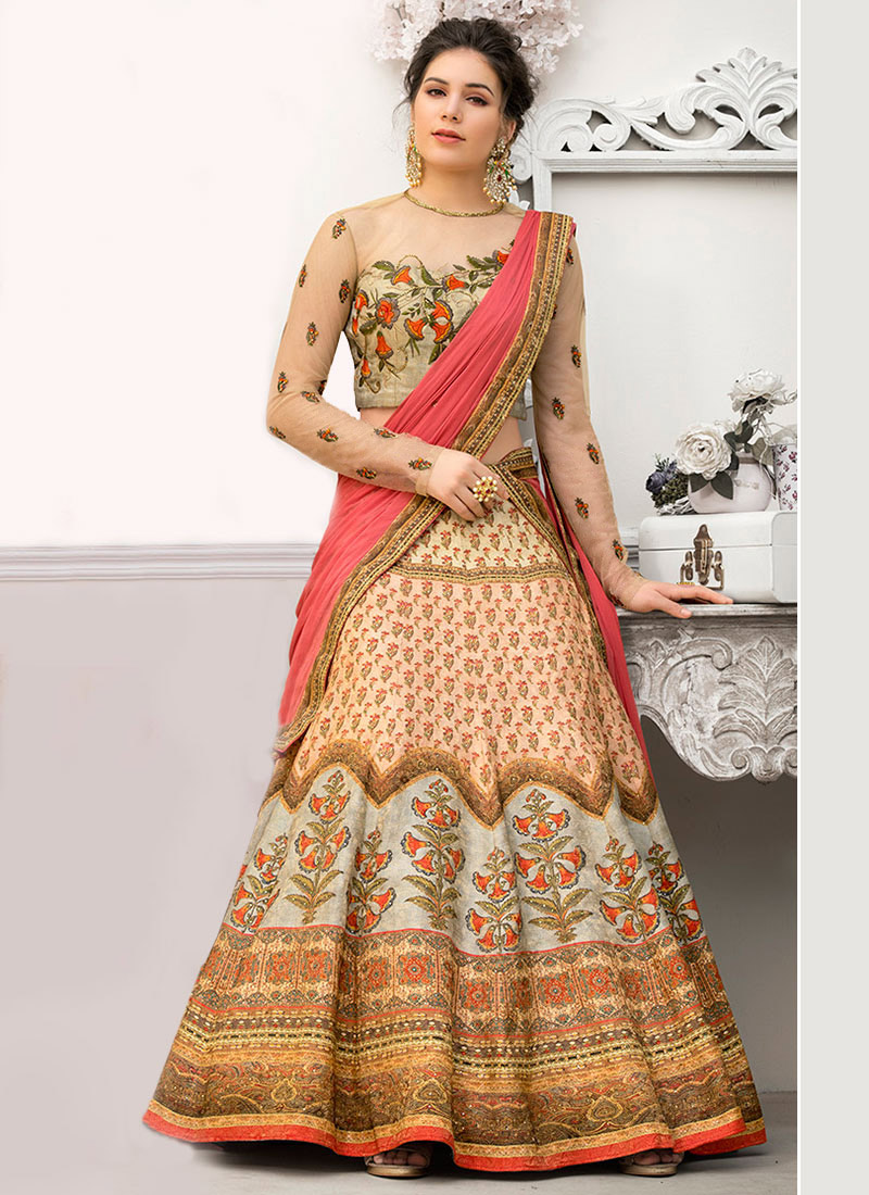 Buy Light Peach Digital Printed Umbrella Lehenga, Benarasi , Printed