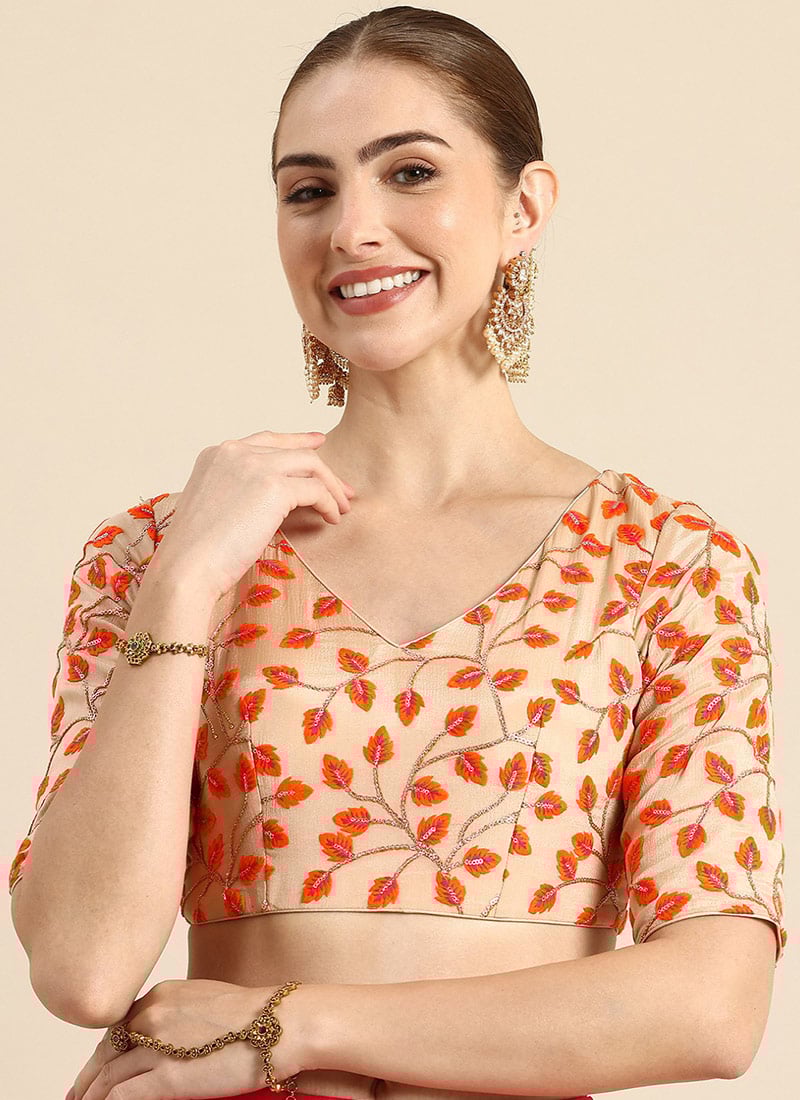 Light Peach Embroidered Chiffon Blouse