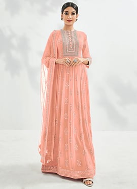 Light Peach Georgette Tikki Work Anarkali Suit