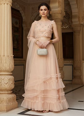 Teen Girls Light Peach Net Sequins Embroidered Lehenga