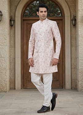 Light Pink Banarasi Jacquard Digital Print Indowestern Sherwani