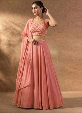 Light Pink Georgette Hand Embroidered Beads Work Lehenga Set