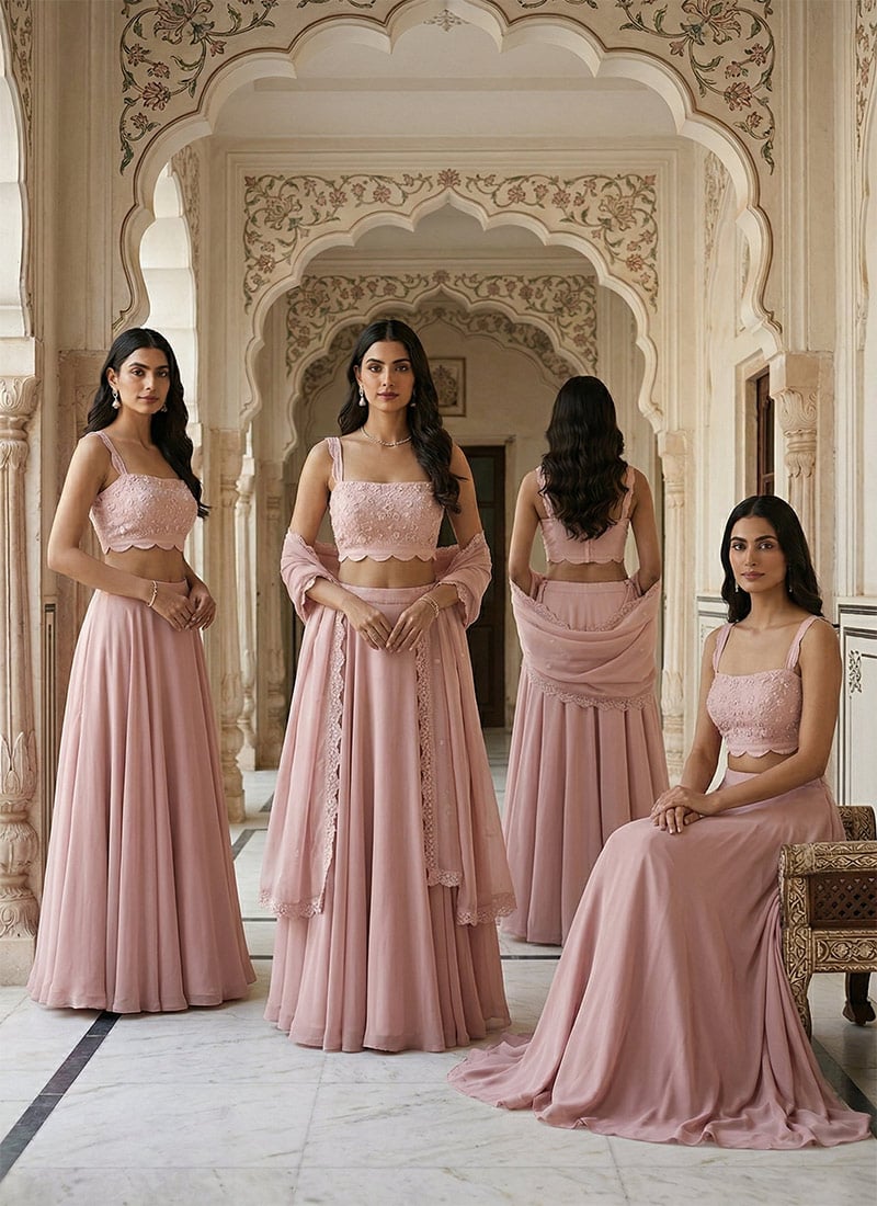 Light Pink Georgette Resham Sequins Work Lehenga Wedding Wear