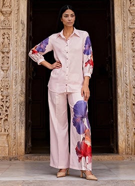 Light Pink Linen Digital Print Indowestern Co ord Set