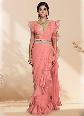 Light Pink Organza Hand Embroidered Sequins And Beads Work Pre Draped Saree