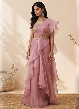 Light Pink Organza Hand Embroidered Sequins With Stone Work Pre Draped Saree