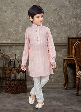 Light Pink To Off White Blended Cotton Kids Boys Kurta Pyjama