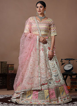 Light Pista Dupion Silk Embroidered Kali Lehenga