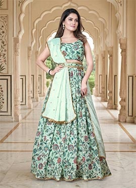 Light Pista Green Faux Georgette Digital Print A Line Lehenga