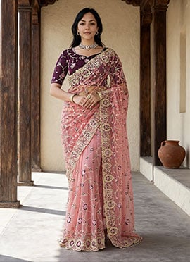 Light Purple Net Embroidered Zari Saree