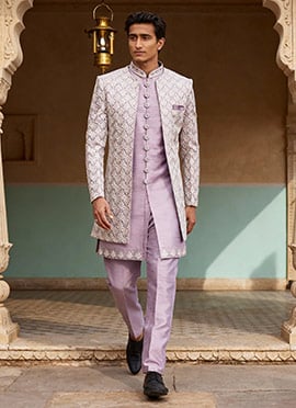 Light Purple Silk Embroidered Sequins Indowestern Sherwani