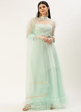 Light Sea Green Embroidered N Sky Blue Lehenga Set