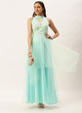 Teen Girls Light Sea Green Net Embroidered Gown