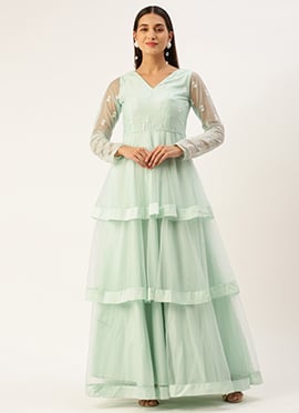 Teen Girls Light Sea Green Net Embroidered Gown