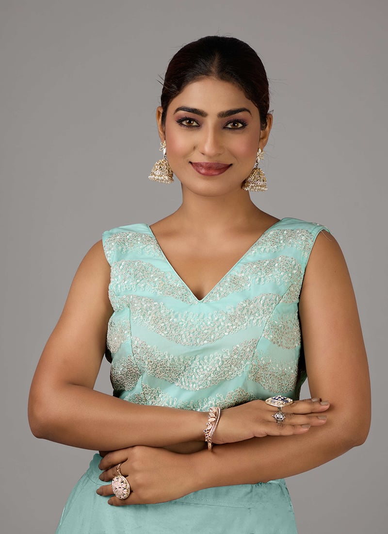 Light Sea Green Net Embroidered V Neck Blouse Party Wear