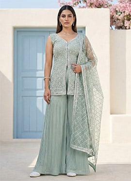 Light Turquoise Faux Georgette Embroidered Sequins Sharara Suit With Criss Cross Dupatta