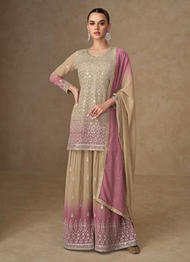 Light Yellow Georgette Embroidered Sequins Mirror Work Pakistani Palazzo Suit