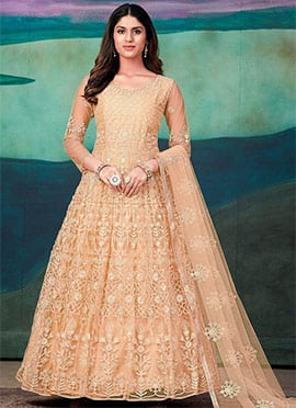 Light Yellow Net Embroidered Anarkali Suit