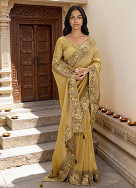 Light Yellow Viscose Jacquard Silk Zari And Sequins Embroidered Saree