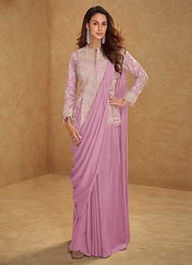Lilac Chinon Embroidered Mirror Work Sequins Hand Work Saree