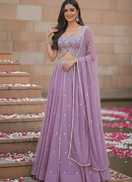 Lilac Georgette Zari Hand Embroidered Sequins Lehenga