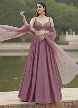 Lilac Malai Satin Hand Embroidered Sequins Lehenga