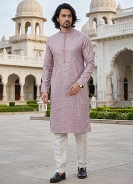 Lilac Silk Embroidered Sequins Kurta Pyjama For Men