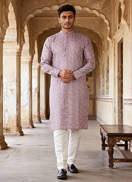 Lilac Silk Embroidered Sequins Kurta Pyjama For Men