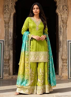Lime Green Shimmer Silk Embroidered Sequins Palazzo Suit With Bandhani Print Dupatta