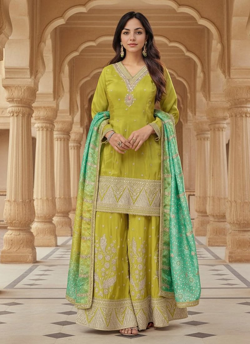 Lime Green Shimmer Silk Embroidered Sequins Palazzo Suit With Bandhani Print Dupatta