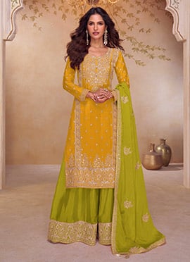 Lime Yellow Chinon Embroidered Sequins Mirror Work Palazzo Suit