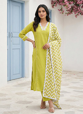 Lime Yellow Viscose Embroidered Straight Pant Suit