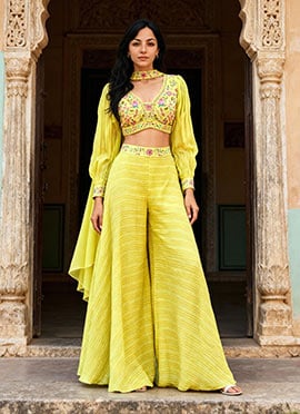 Lime Yellow Viscose Jacquard Silk Embroidered Beads And Stones Palazzo Set Wedding Wear