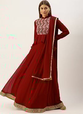 Teen Girls Long Choli Full Sleeve Maroon Embroidered Lehenga