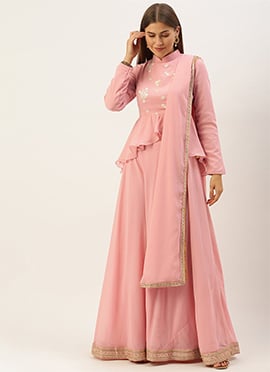 Teen Girls Long Choli Full Sleeve Pink Embroidered Lehenga