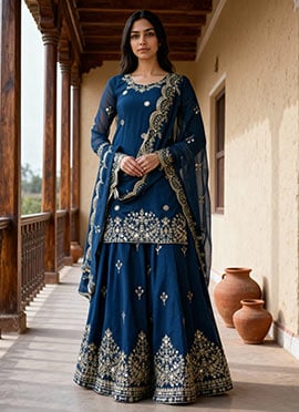 Long Choli Lehenga In Blue Faux Georgette With Sequins Embroiderey