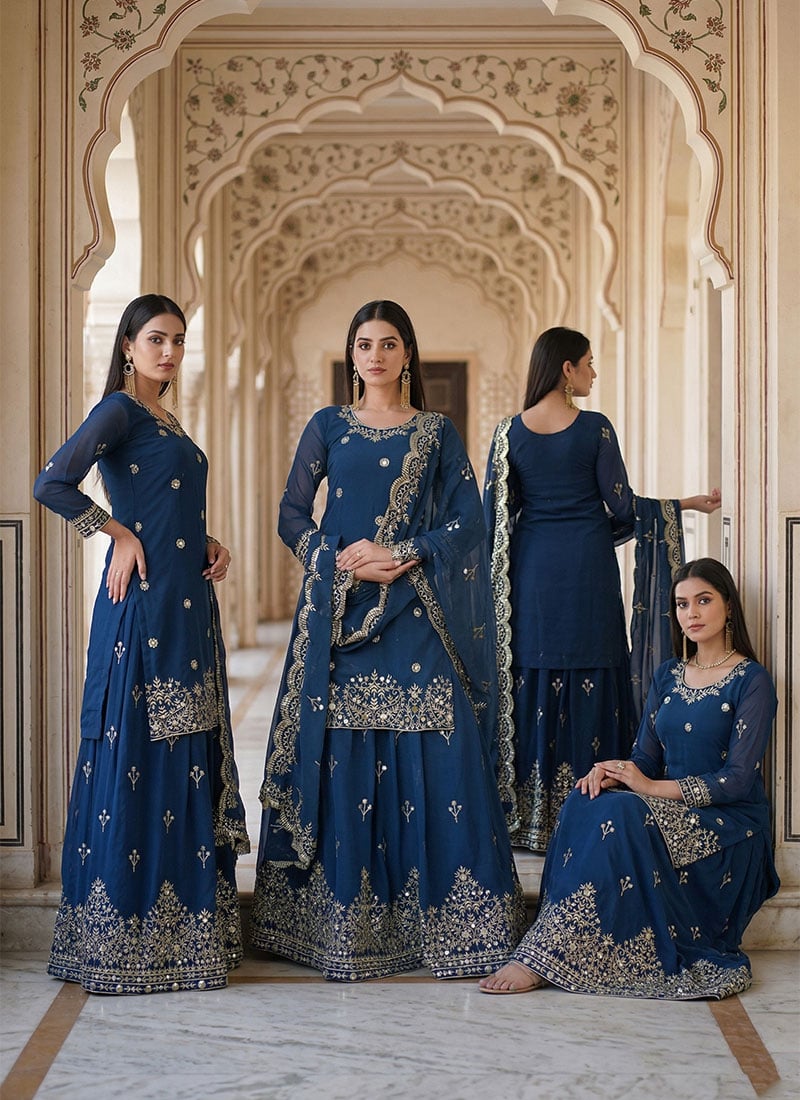 Long Choli Lehenga In Blue Georgette With Sequins Embroiderey Festive Wear