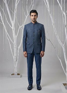 Luxurious Navy Blue Silk Sequins Embroidered Thread Bandhgala Suit