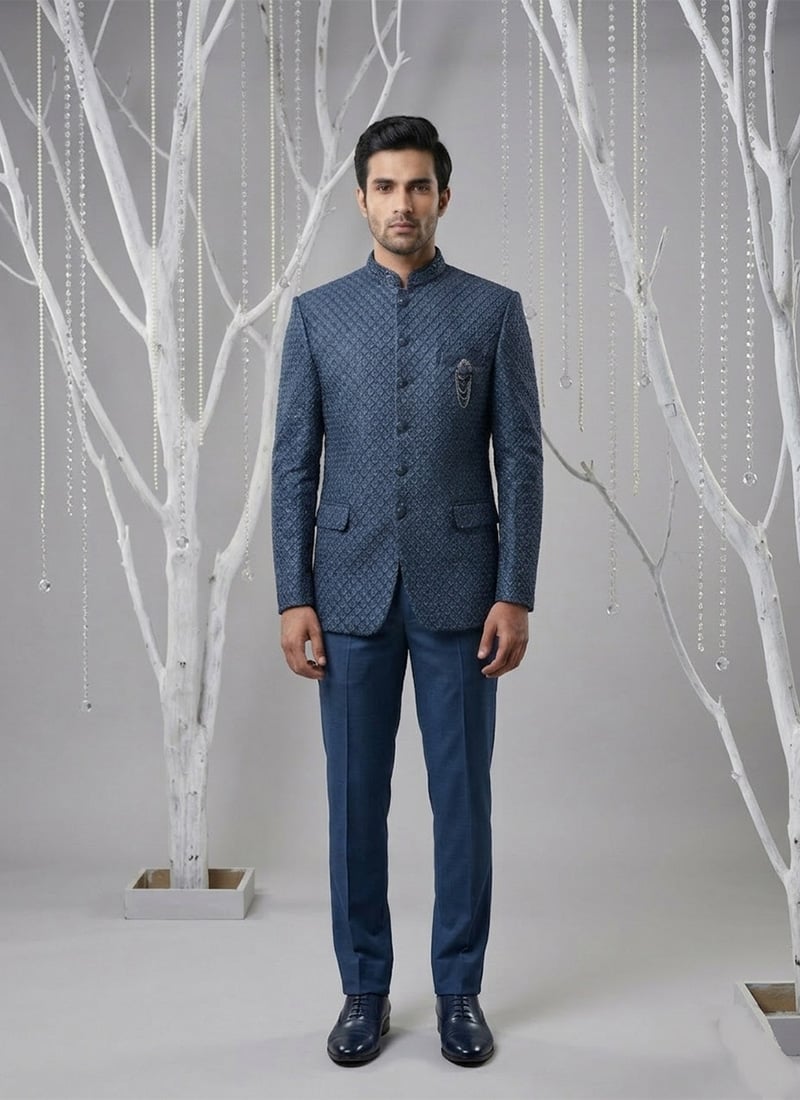 Luxurious Navy Blue Silk Sequins Embroidered Thread Bandhgala Suit Wedding Wear