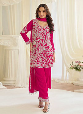 Magenta Georgette Embroidered Sequins Beads Straight Pant Suit