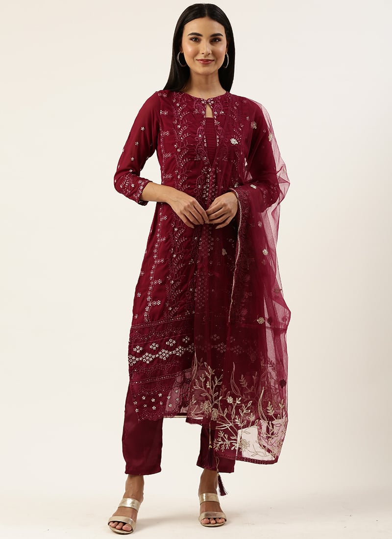 Magenta Georgette Embroidery Straight Pant Suit Party Wear