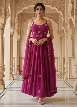 Magenta Georgette Zari And Cutdana Hand Embroidered Anarkali Suit Festive Wear