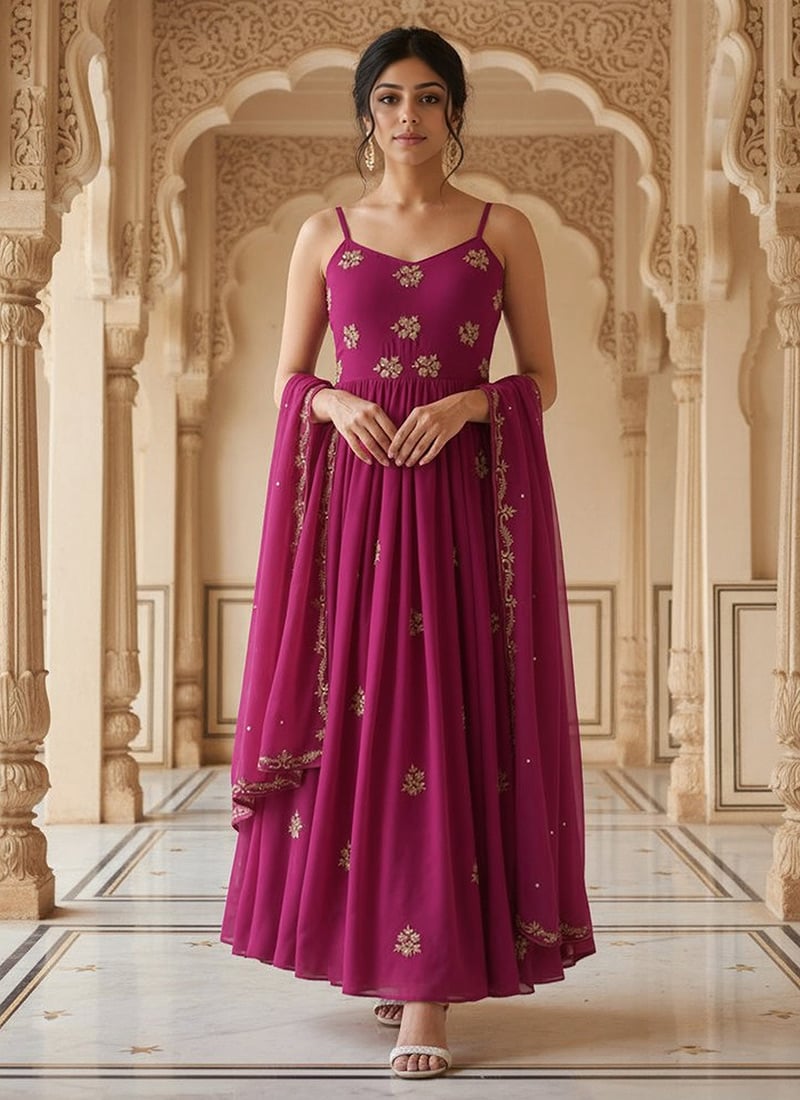 Magenta Georgette Zari And Cutdana Hand Embroidered Anarkali Suit